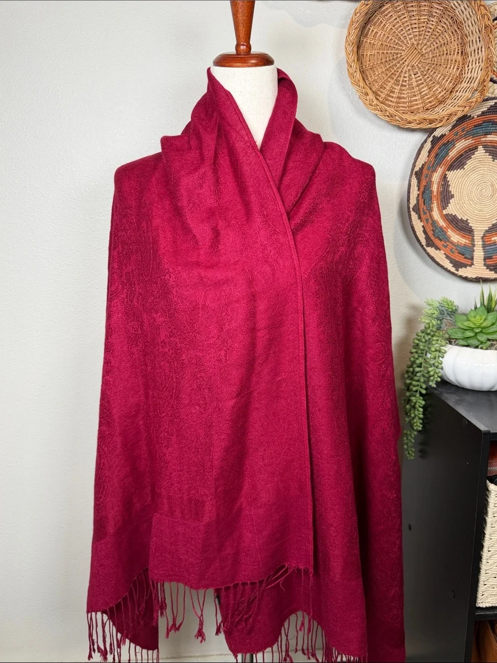 Pashmina Silk Scarf Red Raspberry with Tassels Fringe